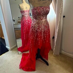 Red Asymmetrical Sequin Gown Dress